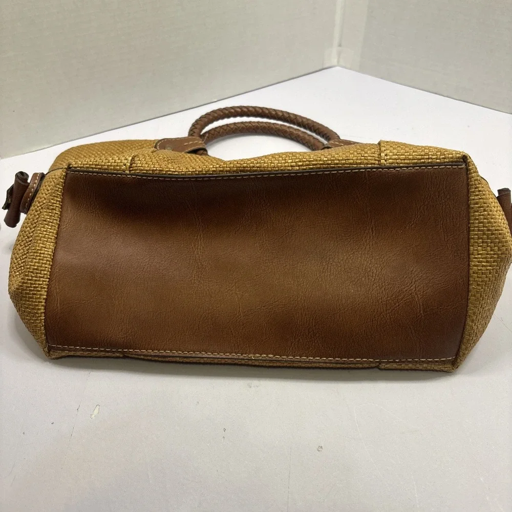 Fossil Handbag Tote Satchel Top Handle Purse‎ Brown Leather Woven Mesh Beach